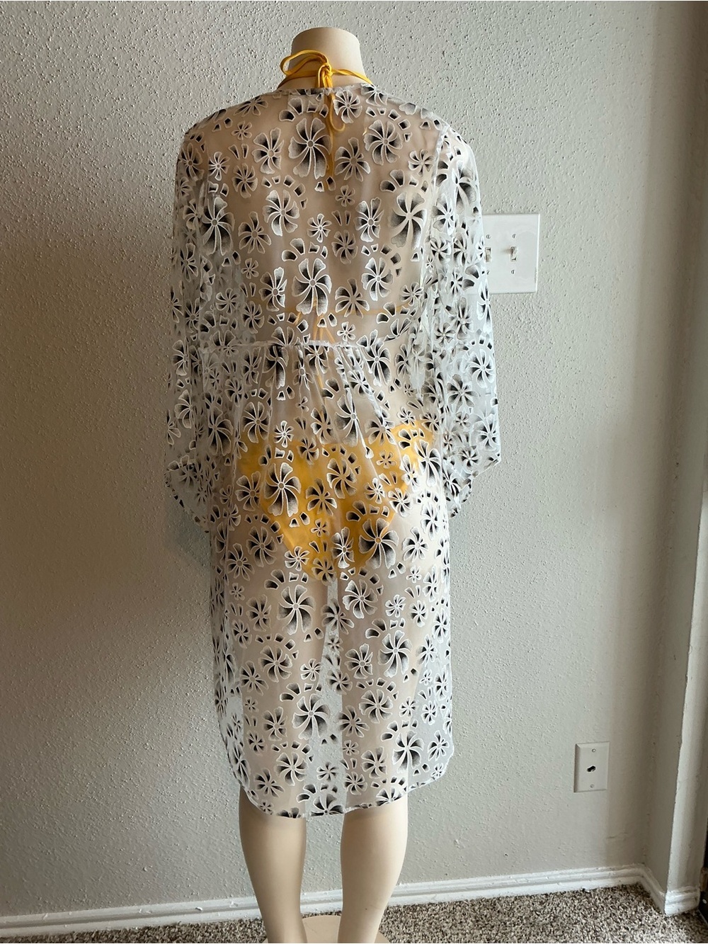 Sheer White Floral Lace Kimono Cover-Up with Yellow Bikini - Picture 3 of 4